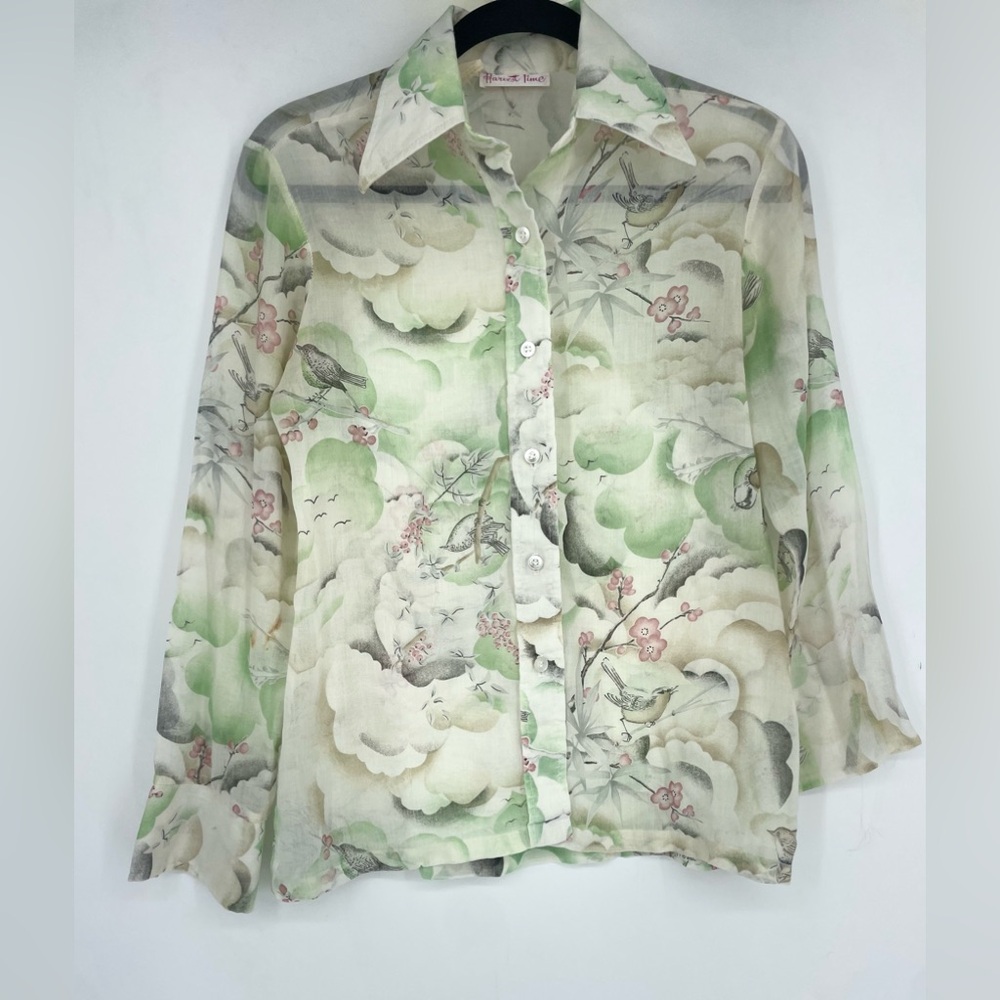 Vintage 60s 70s Harvest Time Japanese Floral Sheer Button Up Blouse Birds Rare